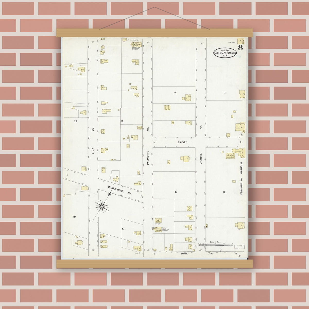 Old map wall art mockup — magnetic wood frame on brick wall — Sanborn Fire Insurance Map from Green Cove Springs, Clay County, Florida (1909), Sheet #0008