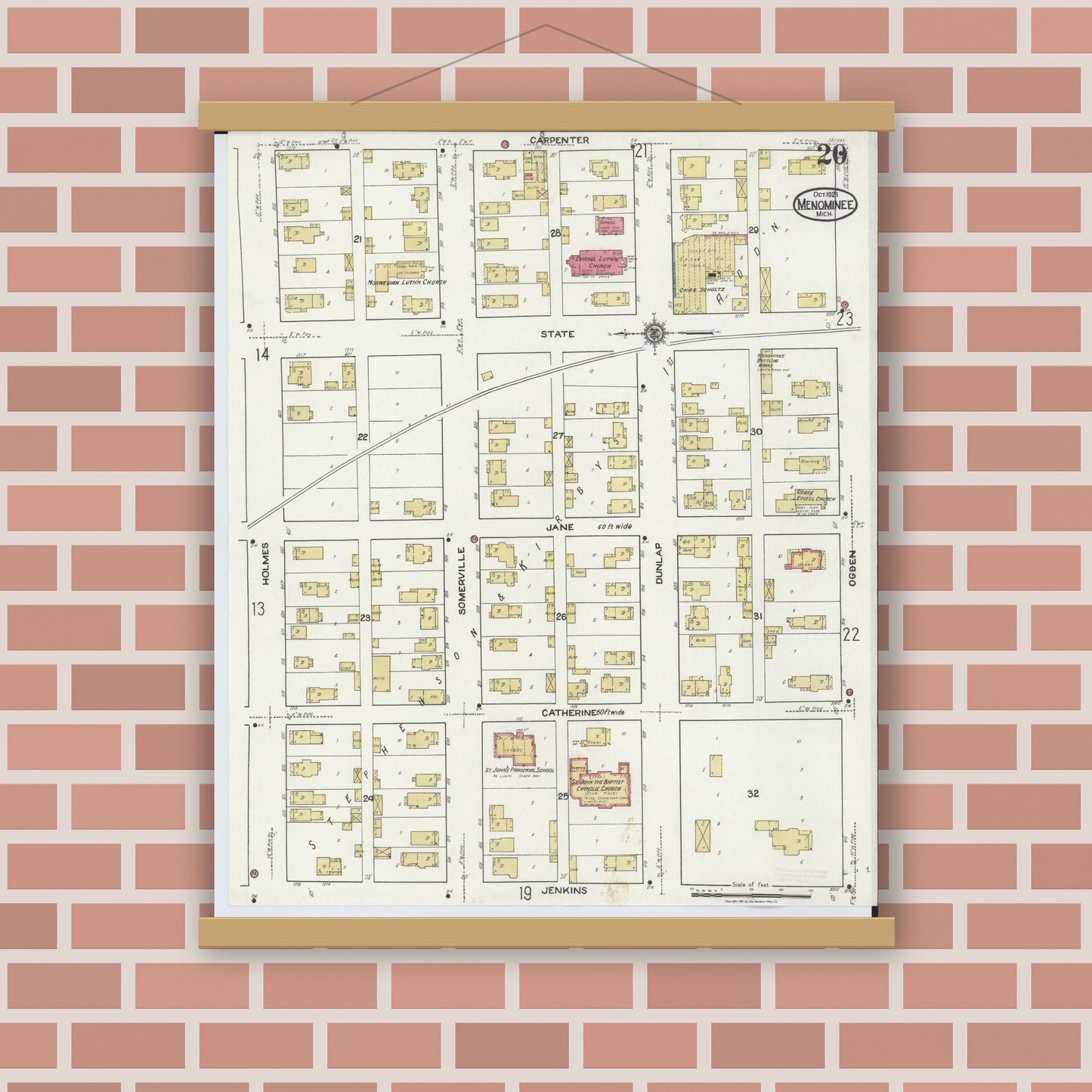 Old map wall art mockup — magnetic wood frame on brick wall — Sanborn Fire Insurance Map from Menominee, Menominee County, Michigan (1921), Sheet #0020