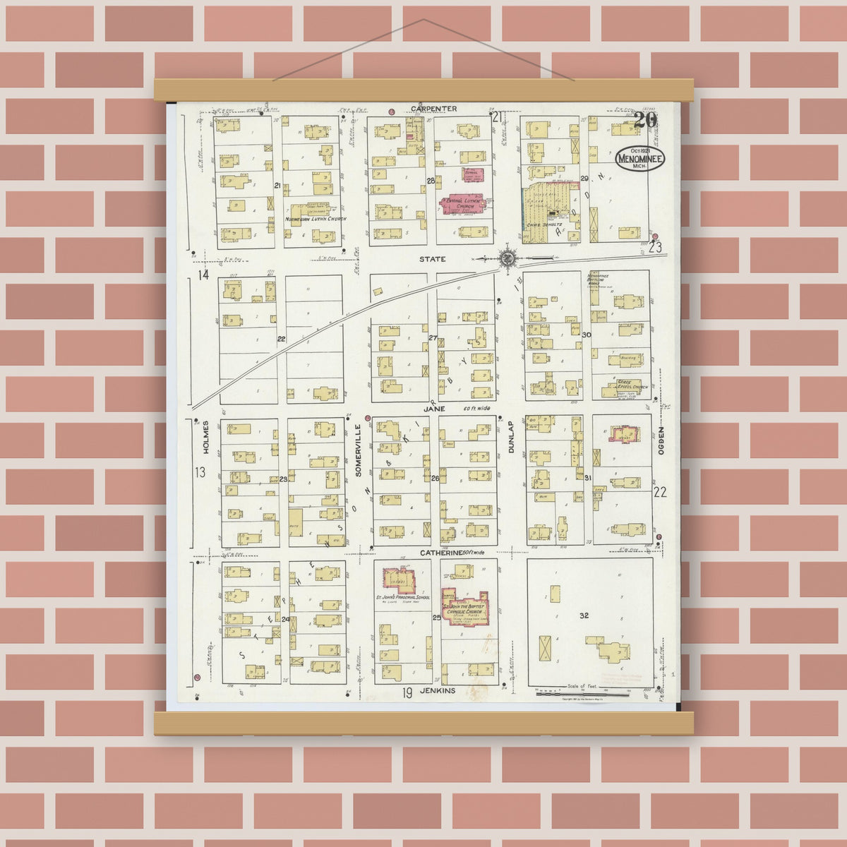 Old map wall art mockup — magnetic wood frame on brick wall — Sanborn Fire Insurance Map from Menominee, Menominee County, Michigan (1921), Sheet #0020