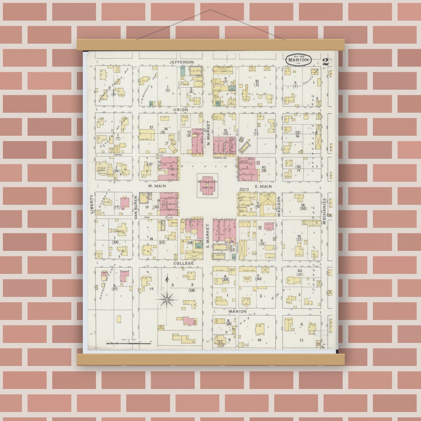 Old map wall art mockup — magnetic wood frame on brick wall — Sanborn Fire Insurance Map from Marion, Williamson County, Illinois (1894), Sheet #0002