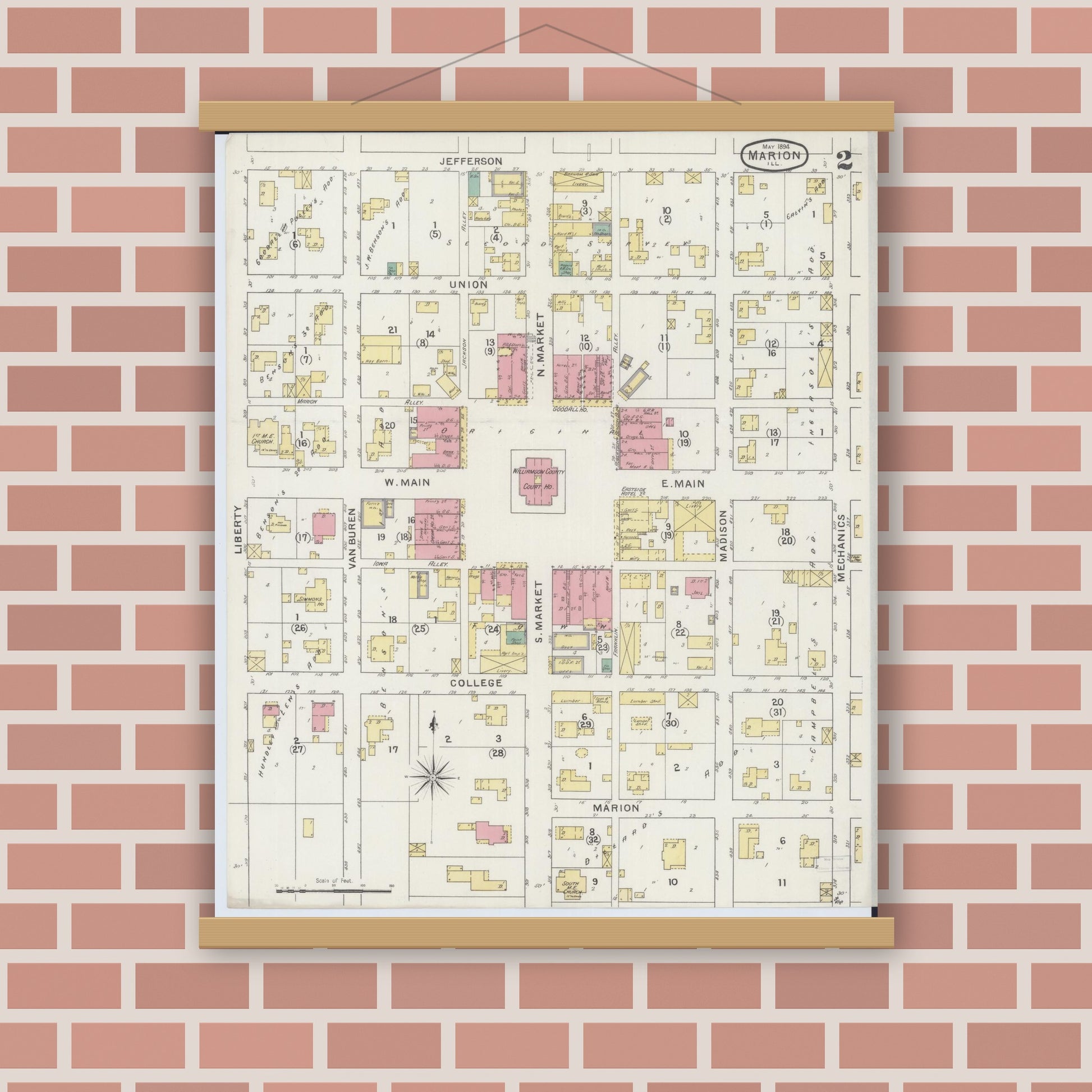 Old map wall art mockup — magnetic wood frame on brick wall — Sanborn Fire Insurance Map from Marion, Williamson County, Illinois (1894), Sheet #0002
