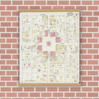 Old map wall art mockup — magnetic wood frame on brick wall — Sanborn Fire Insurance Map from Marion, Williamson County, Illinois (1894), Sheet #0002