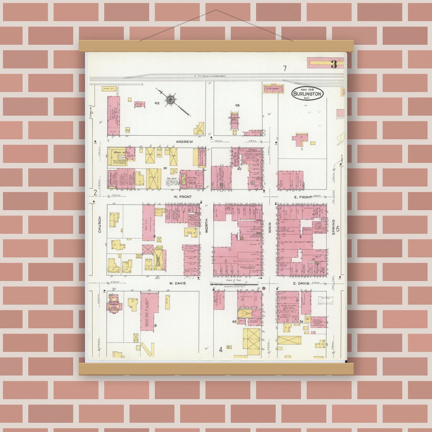 Old map wall art mockup — magnetic wood frame on brick wall — Sanborn Fire Insurance Map from Burlington, Alamance County, North Carolina (1918), Sheet #0003