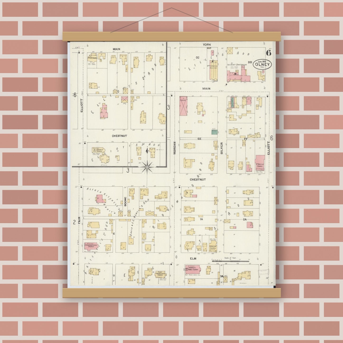 Old map wall art mockup — magnetic wood frame on brick wall — Sanborn Fire Insurance Map from Olney, Richland County, Illinois (1902), Sheet #0006