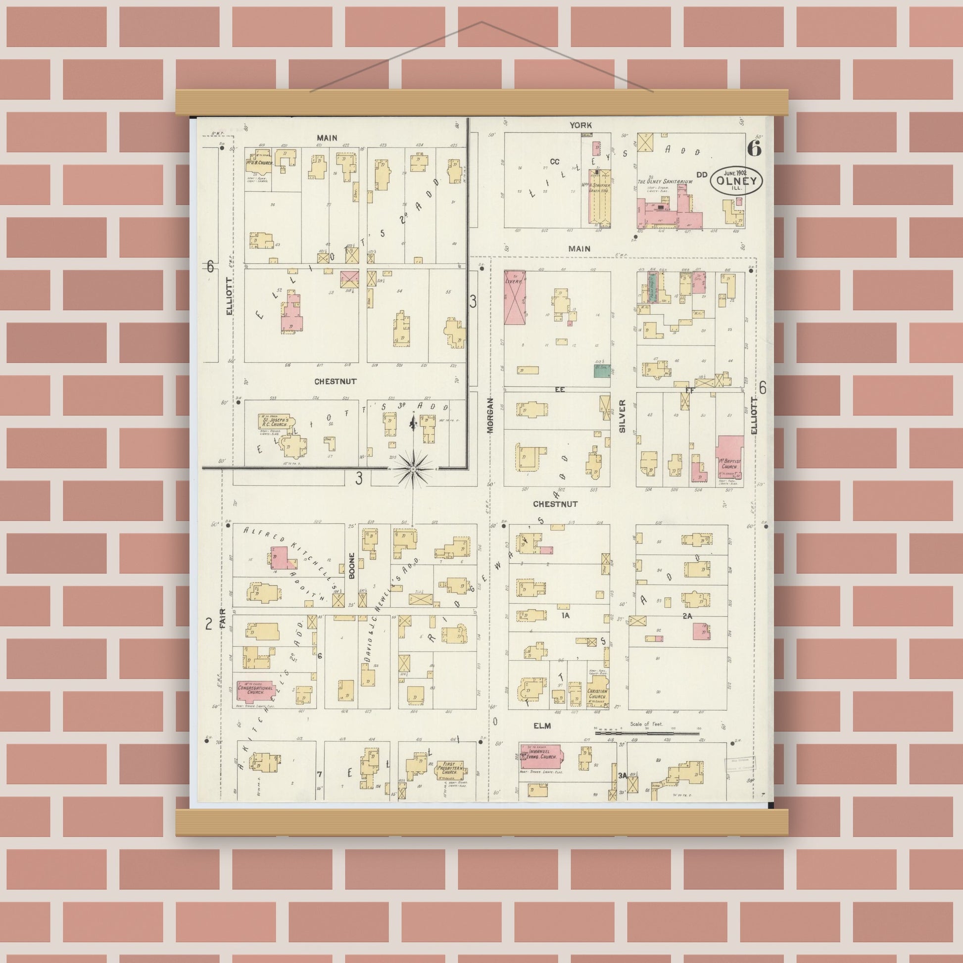 Old map wall art mockup — magnetic wood frame on brick wall — Sanborn Fire Insurance Map from Olney, Richland County, Illinois (1902), Sheet #0006