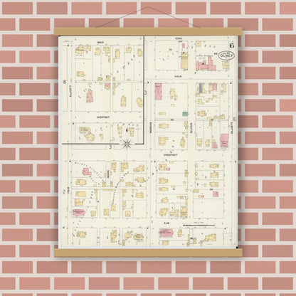 Old map wall art mockup — magnetic wood frame on brick wall — Sanborn Fire Insurance Map from Olney, Richland County, Illinois (1902), Sheet #0006