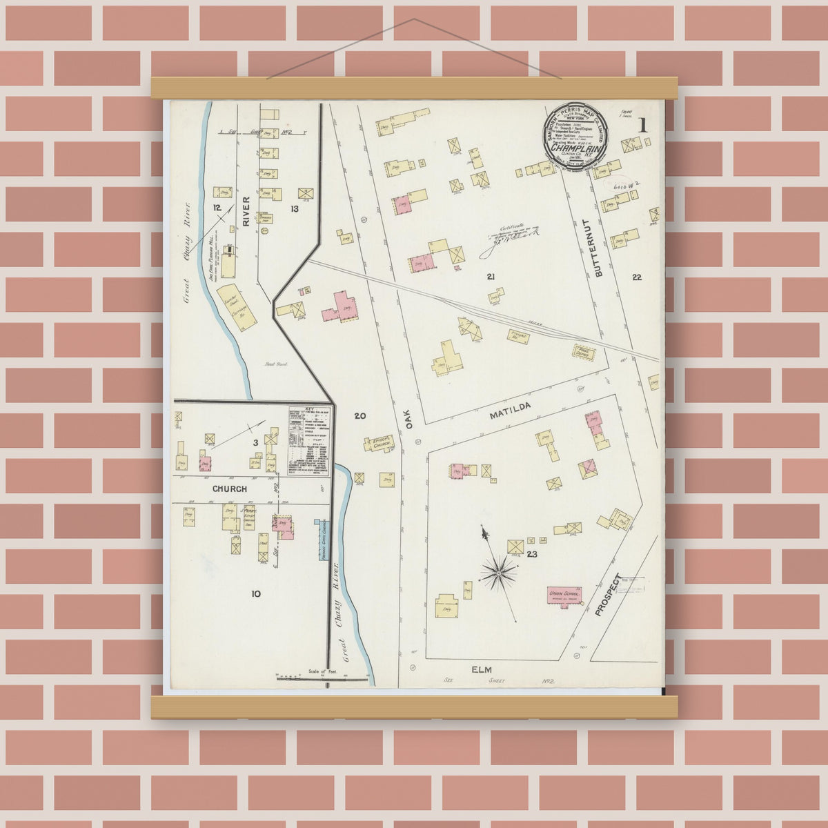 Old map wall art mockup — magnetic wood frame on brick wall — Sanborn Fire Insurance Map from Champlain, Clinton County, New York (1891) - Complete Map Set