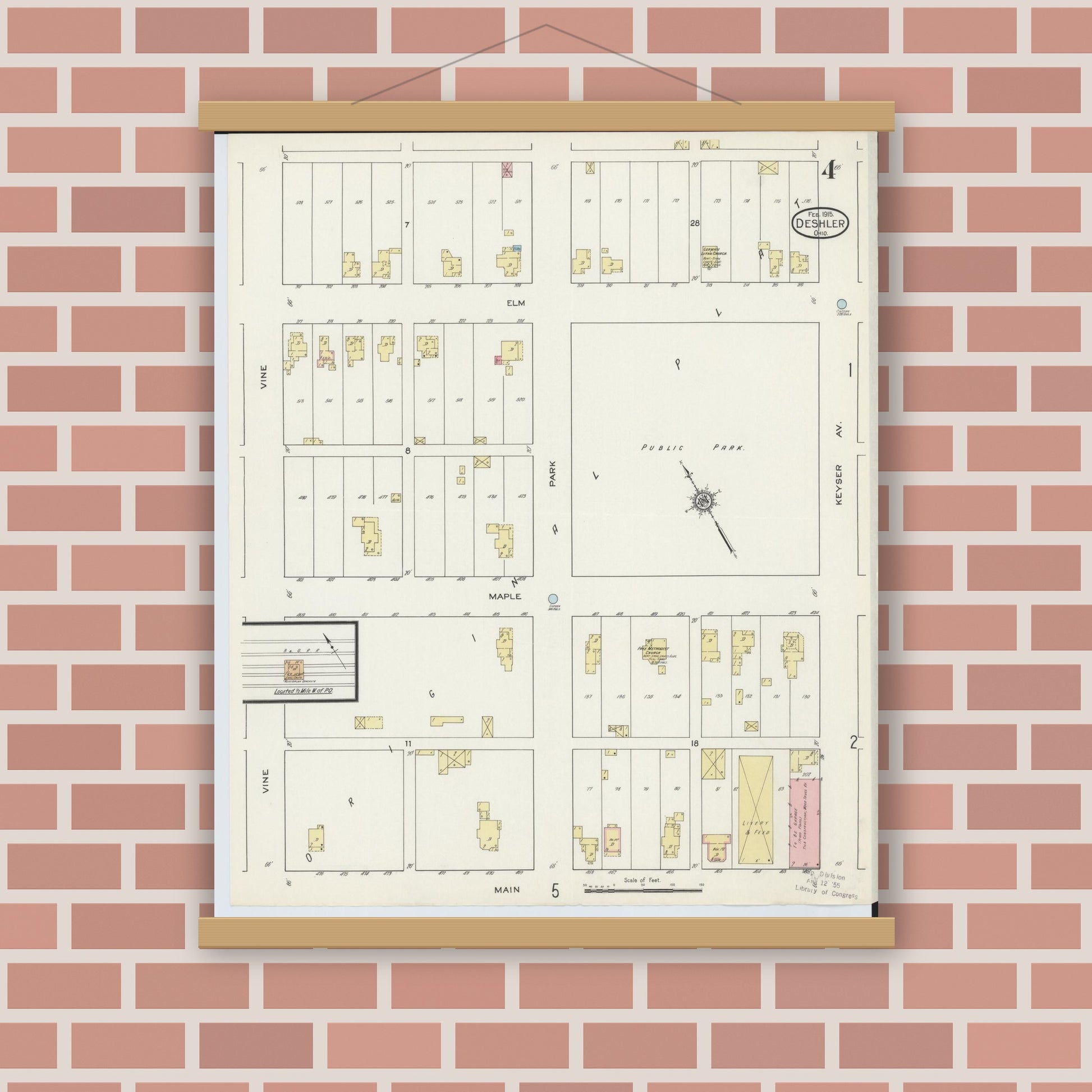 Old map wall art mockup — magnetic wood frame on brick wall — Sanborn Fire Insurance Map from Deshler, Henry County, Ohio (1915), Sheet #0004