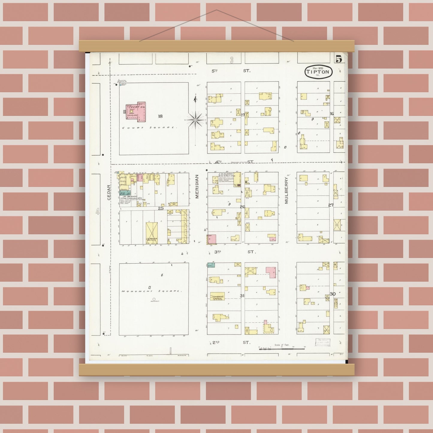 Old map wall art mockup — magnetic wood frame on brick wall — Sanborn Fire Insurance Map from Tipton, Cedar County, Iowa (1893), Sheet #0005