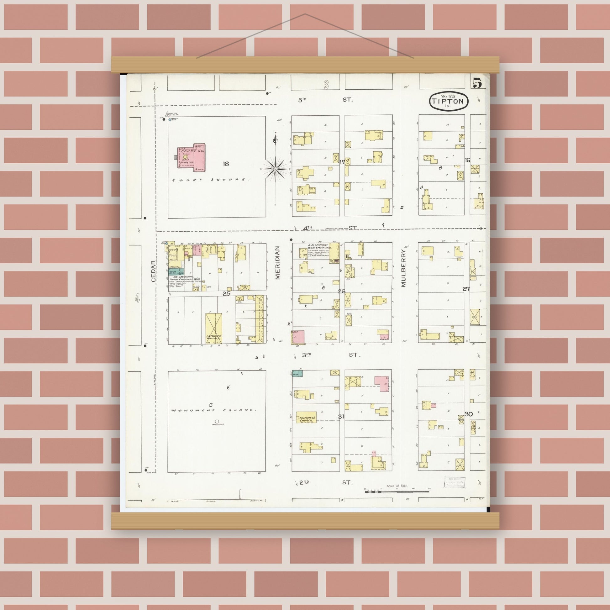 Old map wall art mockup — magnetic wood frame on brick wall — Sanborn Fire Insurance Map from Tipton, Cedar County, Iowa (1893), Sheet #0005