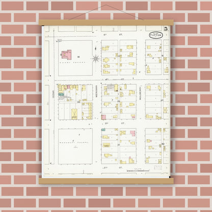Old map wall art mockup — magnetic wood frame on brick wall — Sanborn Fire Insurance Map from Tipton, Cedar County, Iowa (1893), Sheet #0005