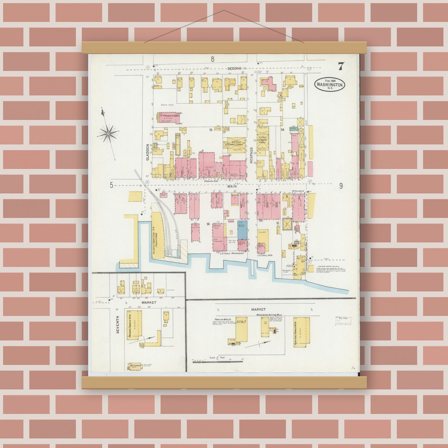 Old map wall art mockup — magnetic wood frame on brick wall — Sanborn Fire Insurance Map from Washington, Beaufort County, North Carolina (1904), Sheet #0007