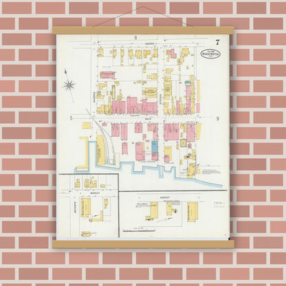 Old map wall art mockup — magnetic wood frame on brick wall — Sanborn Fire Insurance Map from Washington, Beaufort County, North Carolina (1904), Sheet #0007