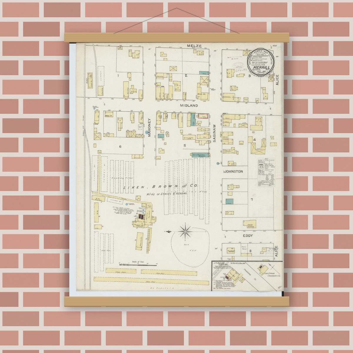 Old map wall art mockup — magnetic wood frame on brick wall — Sanborn Fire Insurance Map from Merrill, Saginaw County, Michigan (1893), Sheet #0001