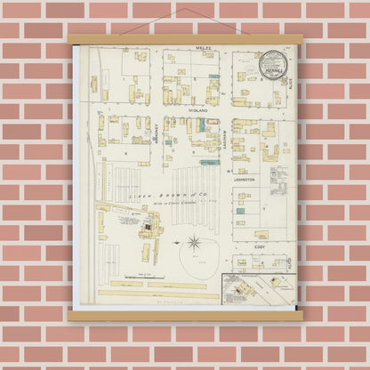 Old map wall art mockup — magnetic wood frame on brick wall — Sanborn Fire Insurance Map from Merrill, Saginaw County, Michigan (1893), Sheet #0001