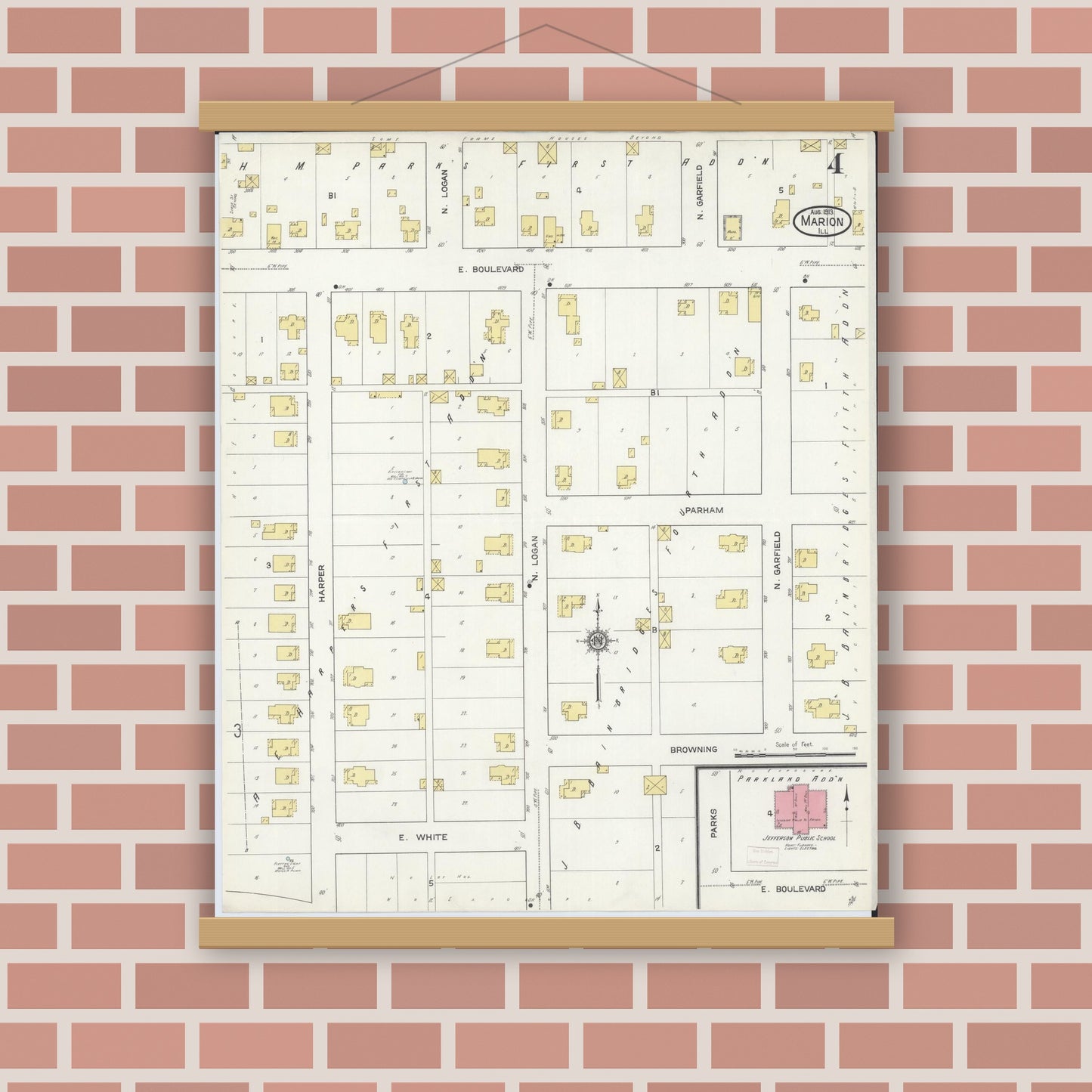 Old map wall art mockup — magnetic wood frame on brick wall — Sanborn Fire Insurance Map from Marion, Williamson County, Illinois (1913), Sheet #0004