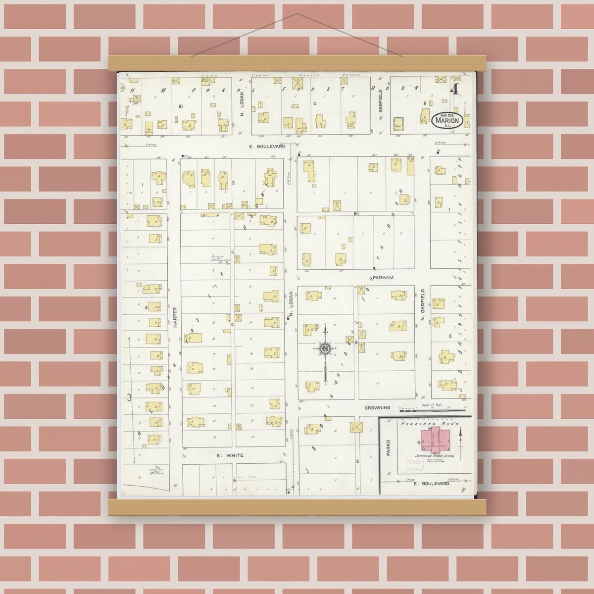 Old map wall art mockup — magnetic wood frame on brick wall — Sanborn Fire Insurance Map from Marion, Williamson County, Illinois (1913), Sheet #0004