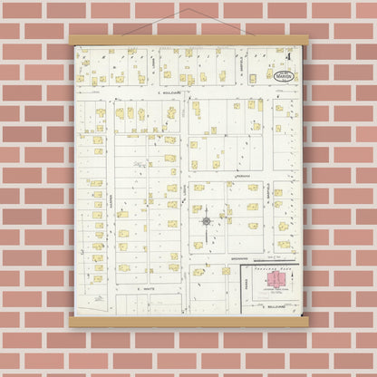 Old map wall art mockup — magnetic wood frame on brick wall — Sanborn Fire Insurance Map from Marion, Williamson County, Illinois (1913), Sheet #0004