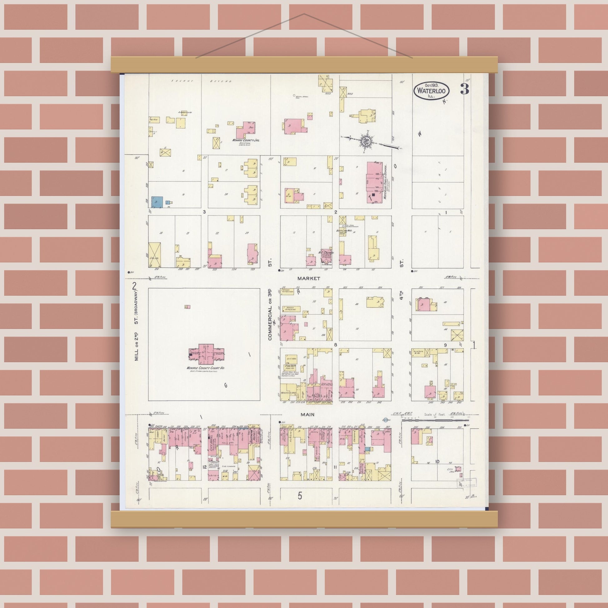 Old map wall art mockup — magnetic wood frame on brick wall — Sanborn Fire Insurance Map from Waterloo, Monroe County, Illinois (1913), Sheet #0003