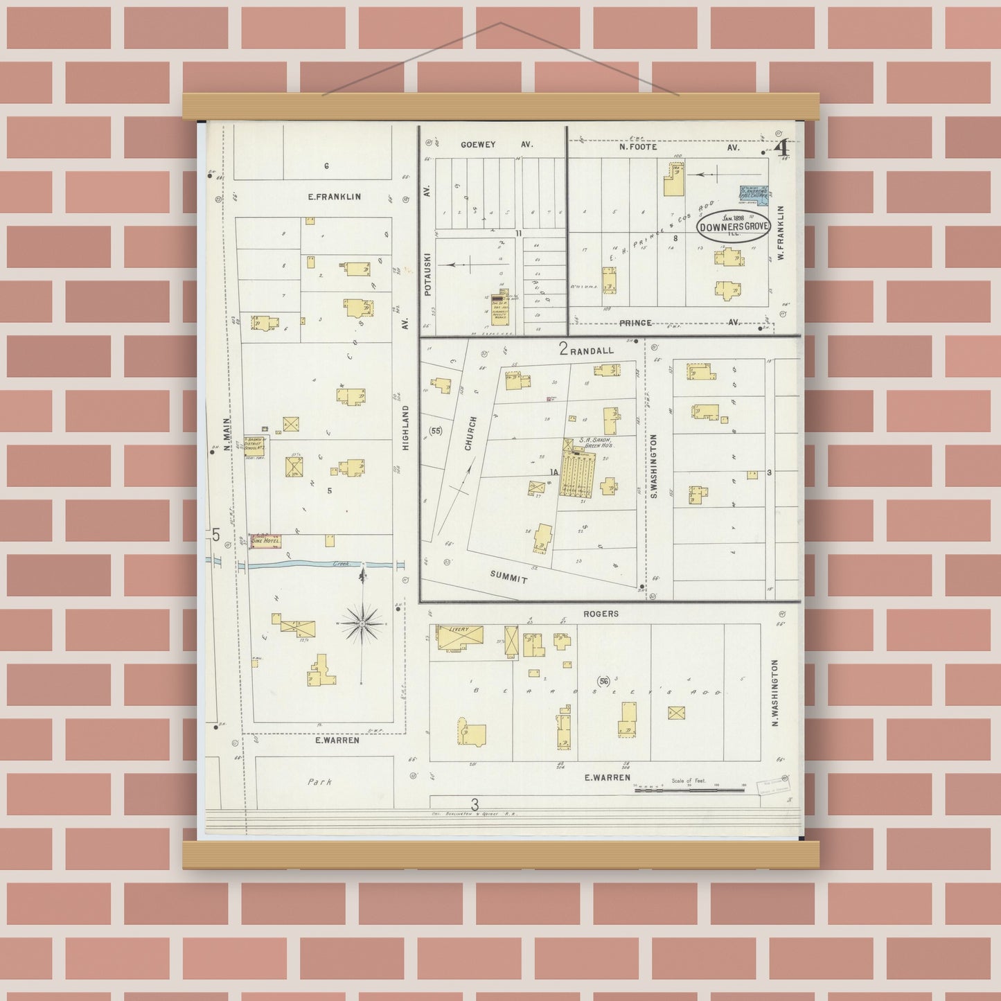 Old map wall art mockup — magnetic wood frame on brick wall — Sanborn Fire Insurance Map from Downers Grove, Dupage County, Illinois (1898), Sheet #0004