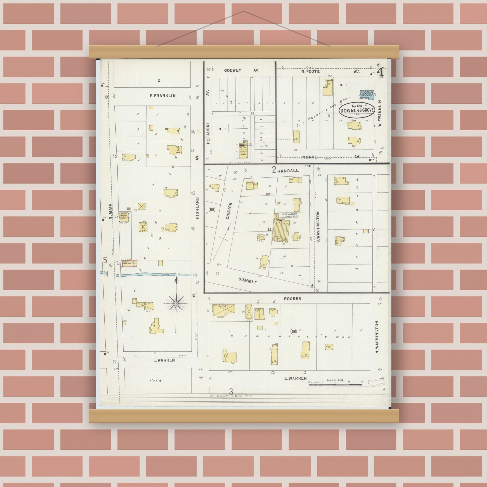 Old map wall art mockup — magnetic wood frame on brick wall — Sanborn Fire Insurance Map from Downers Grove, Dupage County, Illinois (1898), Sheet #0004