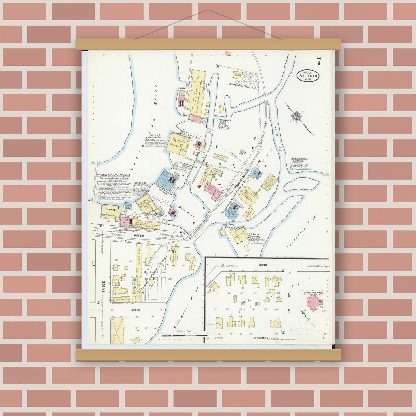 Old map wall art mockup — magnetic wood frame on brick wall — Sanborn Fire Insurance Map from Allegan, Allegan County, Michigan (1911), Sheet #0007