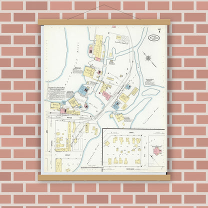Old map wall art mockup — magnetic wood frame on brick wall — Sanborn Fire Insurance Map from Allegan, Allegan County, Michigan (1911), Sheet #0007