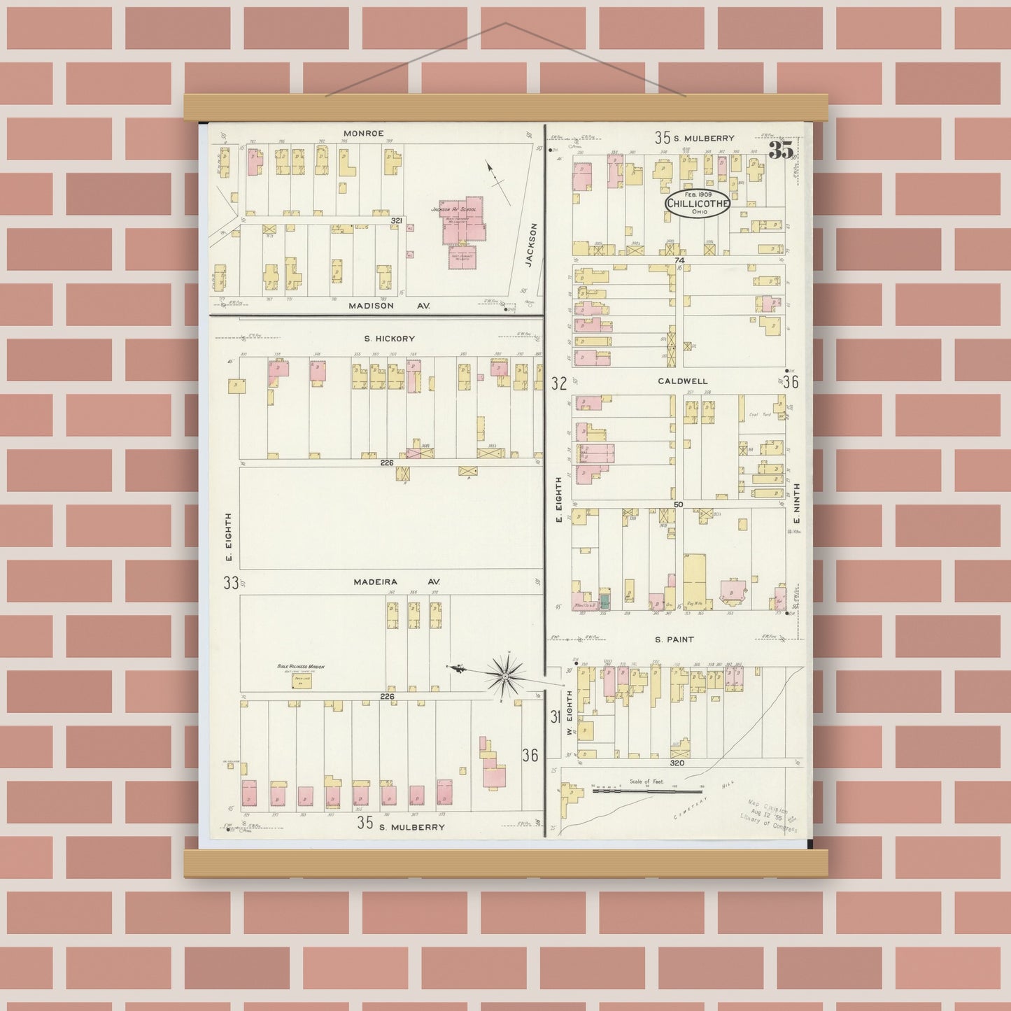 Old map wall art mockup — magnetic wood frame on brick wall — Sanborn Fire Insurance Map from Chillicothe, Ross County, Ohio (1909), Sheet #0035