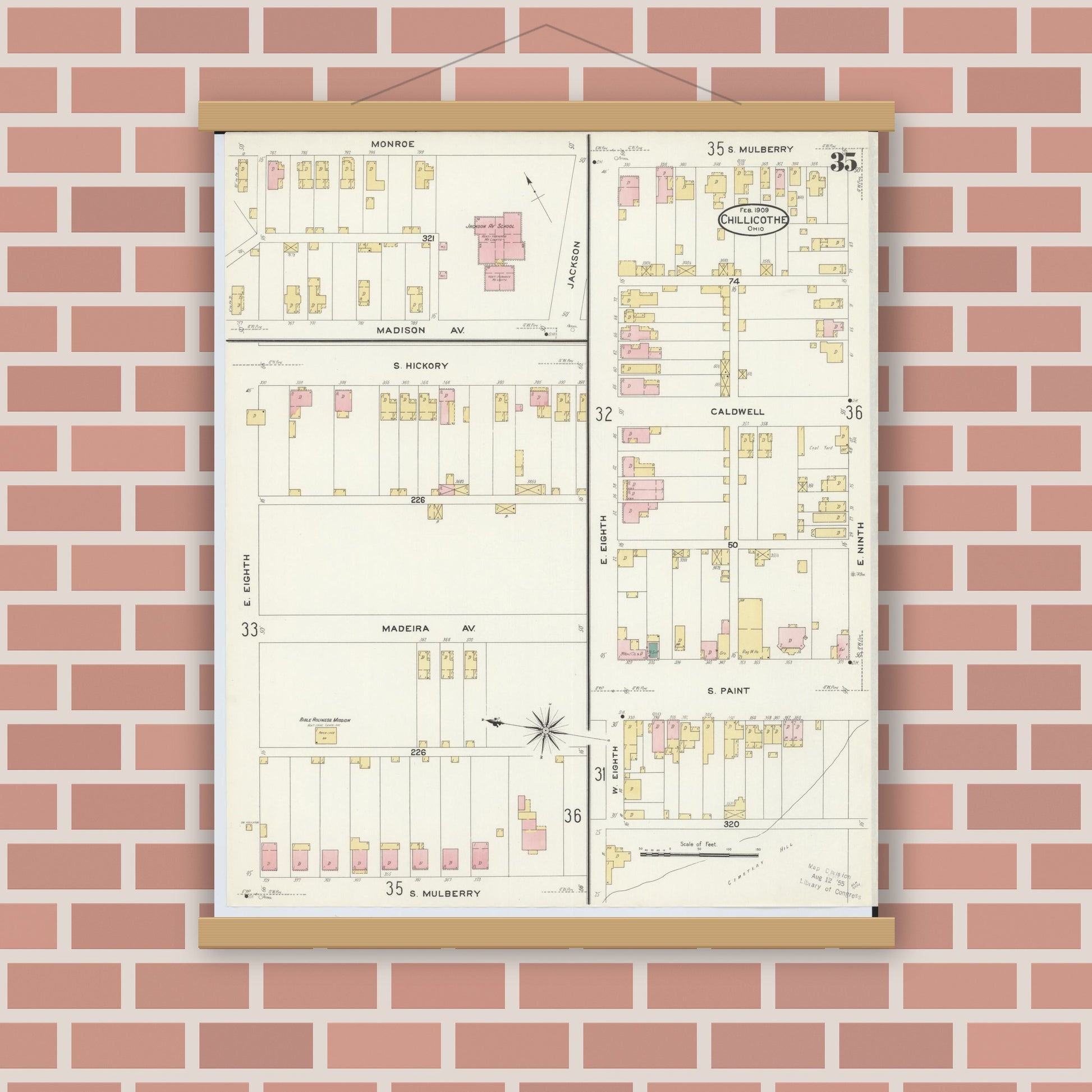 Old map wall art mockup — magnetic wood frame on brick wall — Sanborn Fire Insurance Map from Chillicothe, Ross County, Ohio (1909), Sheet #0035