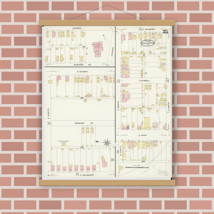 Old map wall art mockup — magnetic wood frame on brick wall — Sanborn Fire Insurance Map from Chillicothe, Ross County, Ohio (1909), Sheet #0035