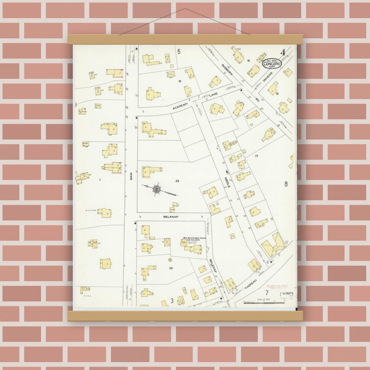 Old map wall art mockup — magnetic wood frame on brick wall — Sanborn Fire Insurance Map from Concord, Middlesex County, Massachusetts (1909), Sheet #0004