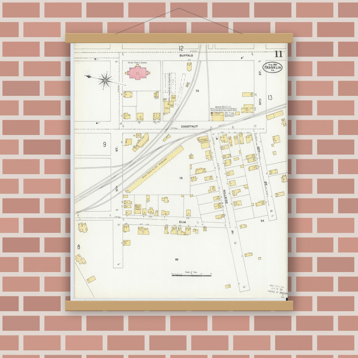 Old map wall art mockup — magnetic wood frame on brick wall — Sanborn Fire Insurance Map from Franklin, Venango County, Pennsylvania (1906), Sheet #0011