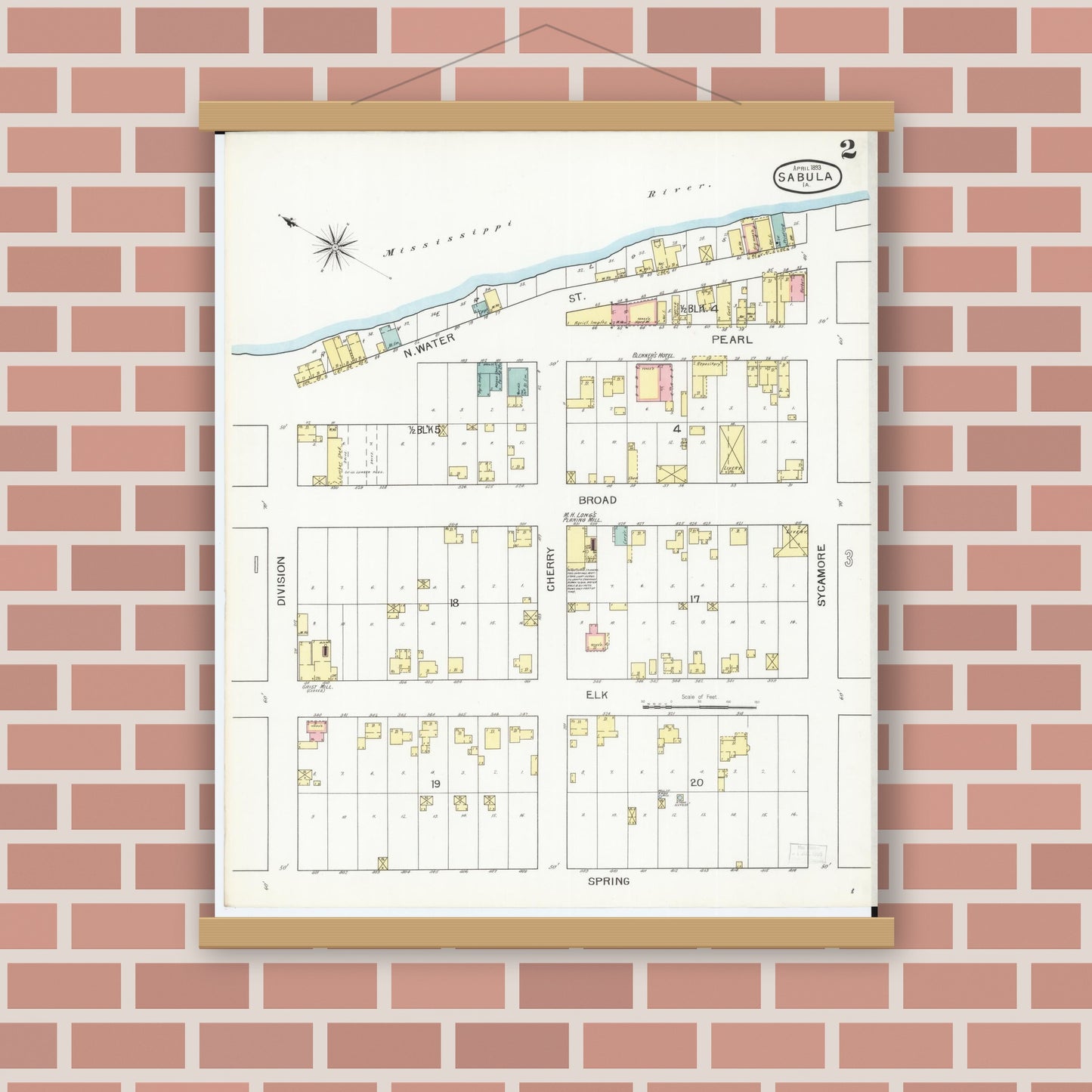 Old map wall art mockup — magnetic wood frame on brick wall — Sanborn Fire Insurance Map from Sabula, Jackson County, Iowa (1893), Sheet #0002
