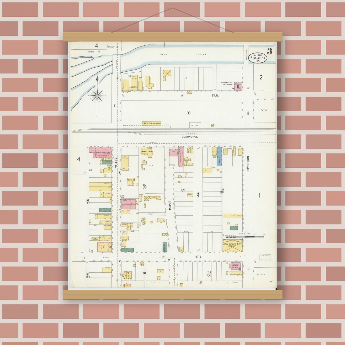 Old map wall art mockup — magnetic wood frame on brick wall — Sanborn Fire Insurance Map from Pulaski, Pulaski County, Virginia (1903), Sheet #0003