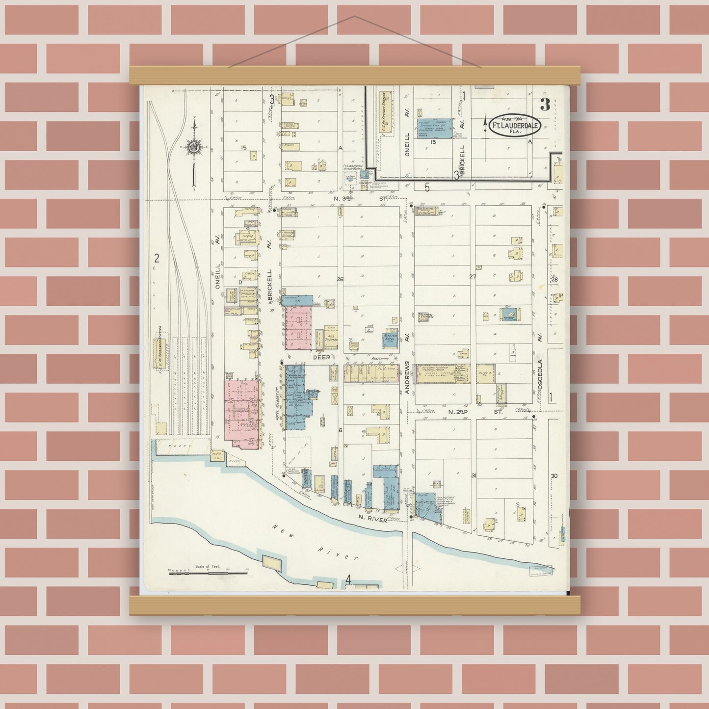 Old map wall art mockup — magnetic wood frame on brick wall — Sanborn Fire Insurance Map from Fort Lauderdale, Broward County, Florida (1914), Sheet #0003