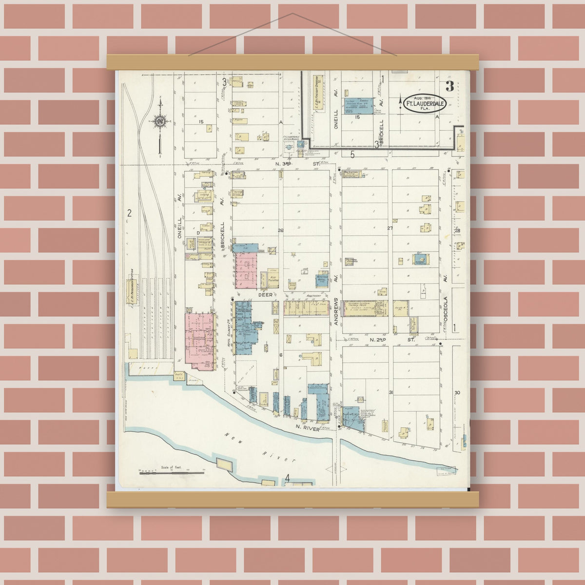 Old map wall art mockup — magnetic wood frame on brick wall — Sanborn Fire Insurance Map from Fort Lauderdale, Broward County, Florida (1914), Sheet #0003