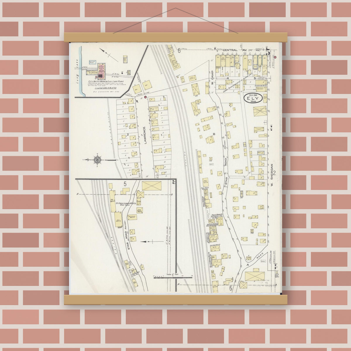 Old map wall art mockup — magnetic wood frame on brick wall — Sanborn Fire Insurance Map from Ely, Saint Louis County, Minnesota (1914), Sheet #0005