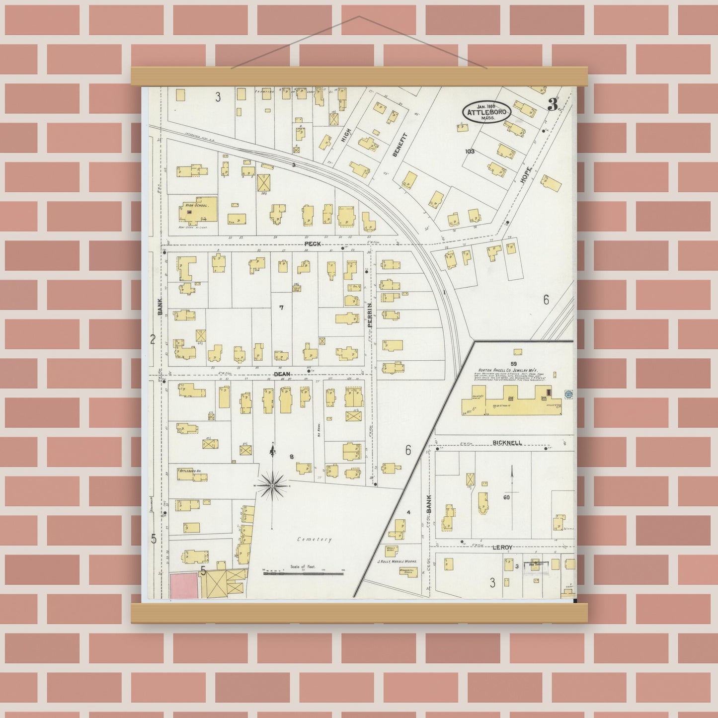 Old map wall art mockup — magnetic wood frame on brick wall — Sanborn Fire Insurance Map from Attleboro, Bristol County, Massachusetts (1905), Sheet #0003