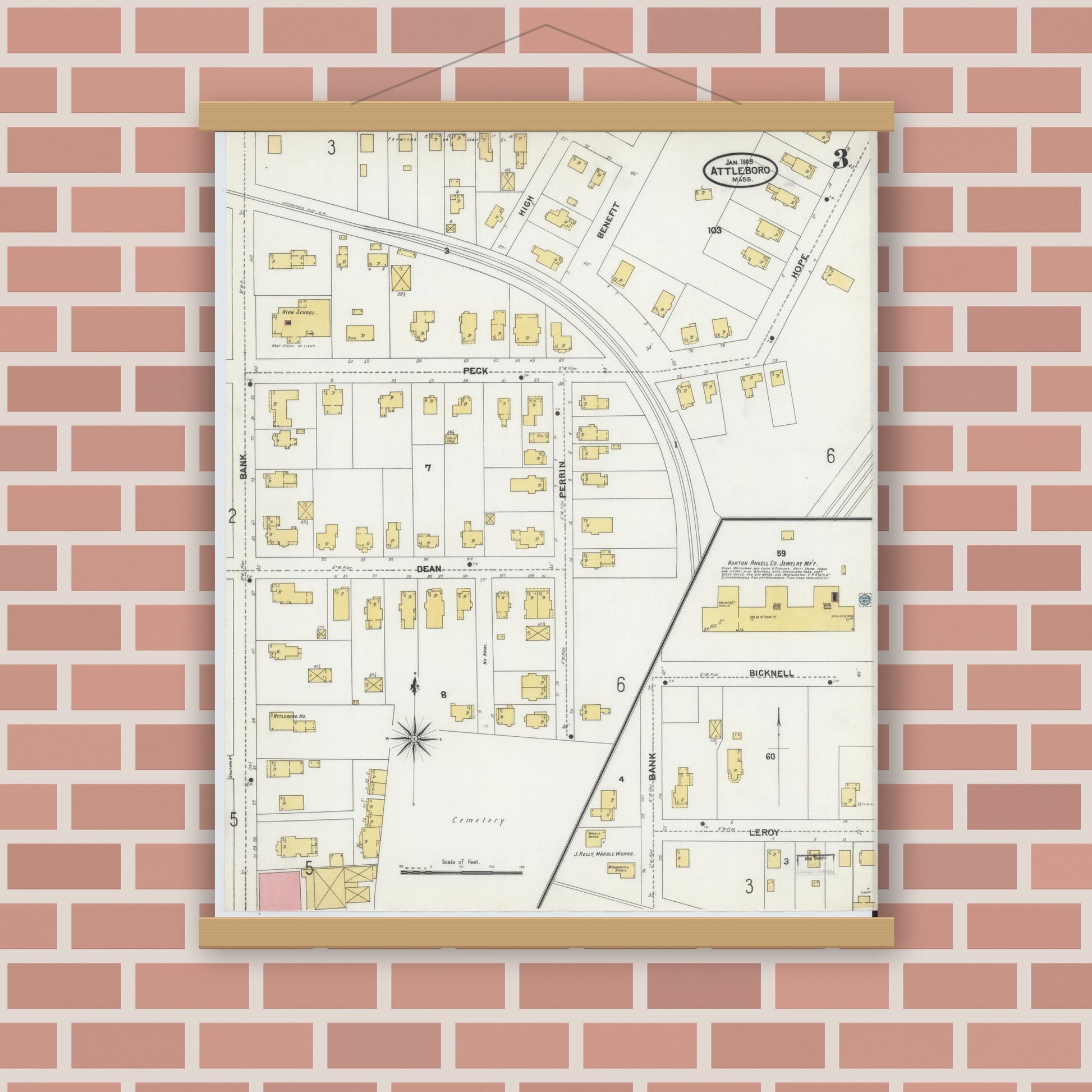 Old map wall art mockup — magnetic wood frame on brick wall — Sanborn Fire Insurance Map from Attleboro, Bristol County, Massachusetts (1905), Sheet #0003