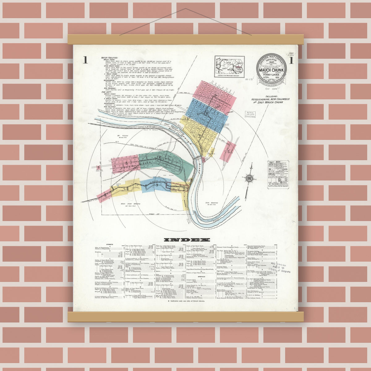 Old map wall art mockup — magnetic wood frame on brick wall — Sanborn Fire Insurance Map from Mauch Chunk, Carbon County, Pennsylvania (1923) - Complete Map Set