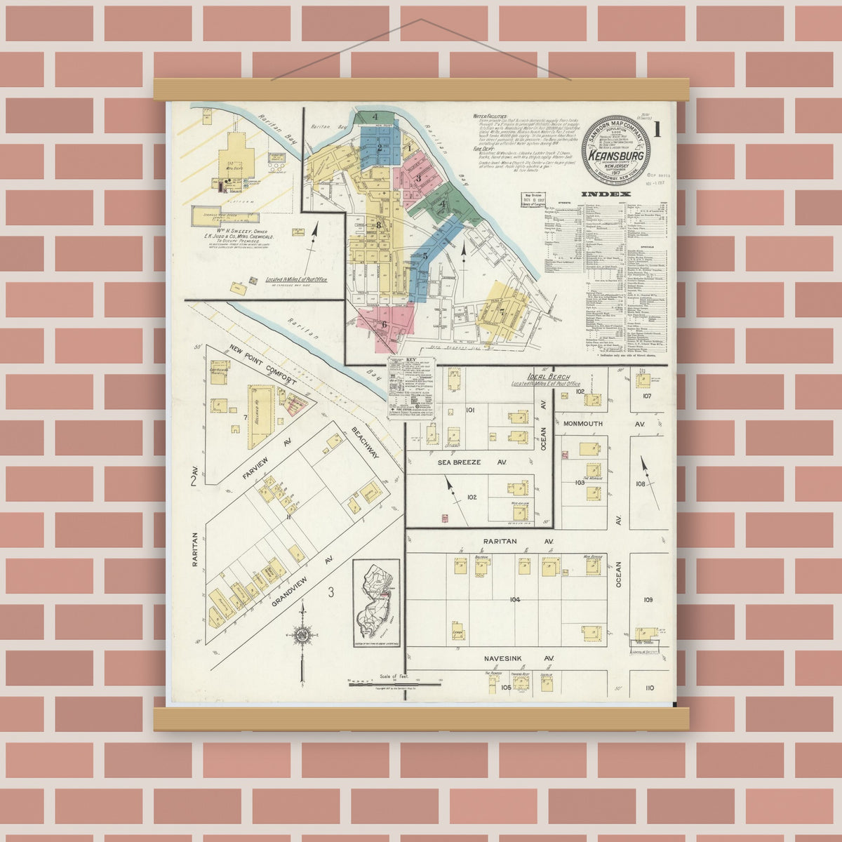 Old map wall art mockup — magnetic wood frame on brick wall — Sanborn Fire Insurance Map from Keansburg, Monmouth County, New Jersey (1917) - Complete Map Set
