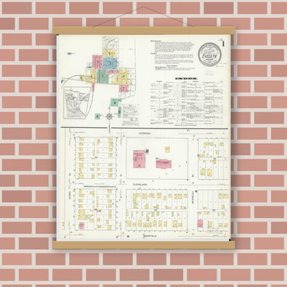 Old map wall art mockup — magnetic wood frame on brick wall — Sanborn Fire Insurance Map from Eveleth, Saint Louis County, Minnesota (1912), Sheet #0001