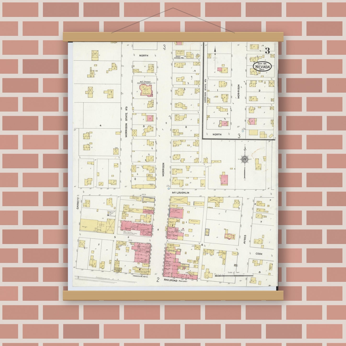 Old map wall art mockup — magnetic wood frame on brick wall — Sanborn Fire Insurance Map from Nevada, Wyandot County, Ohio (1911), Sheet #0003