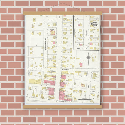 Old map wall art mockup — magnetic wood frame on brick wall — Sanborn Fire Insurance Map from Nevada, Wyandot County, Ohio (1911), Sheet #0003
