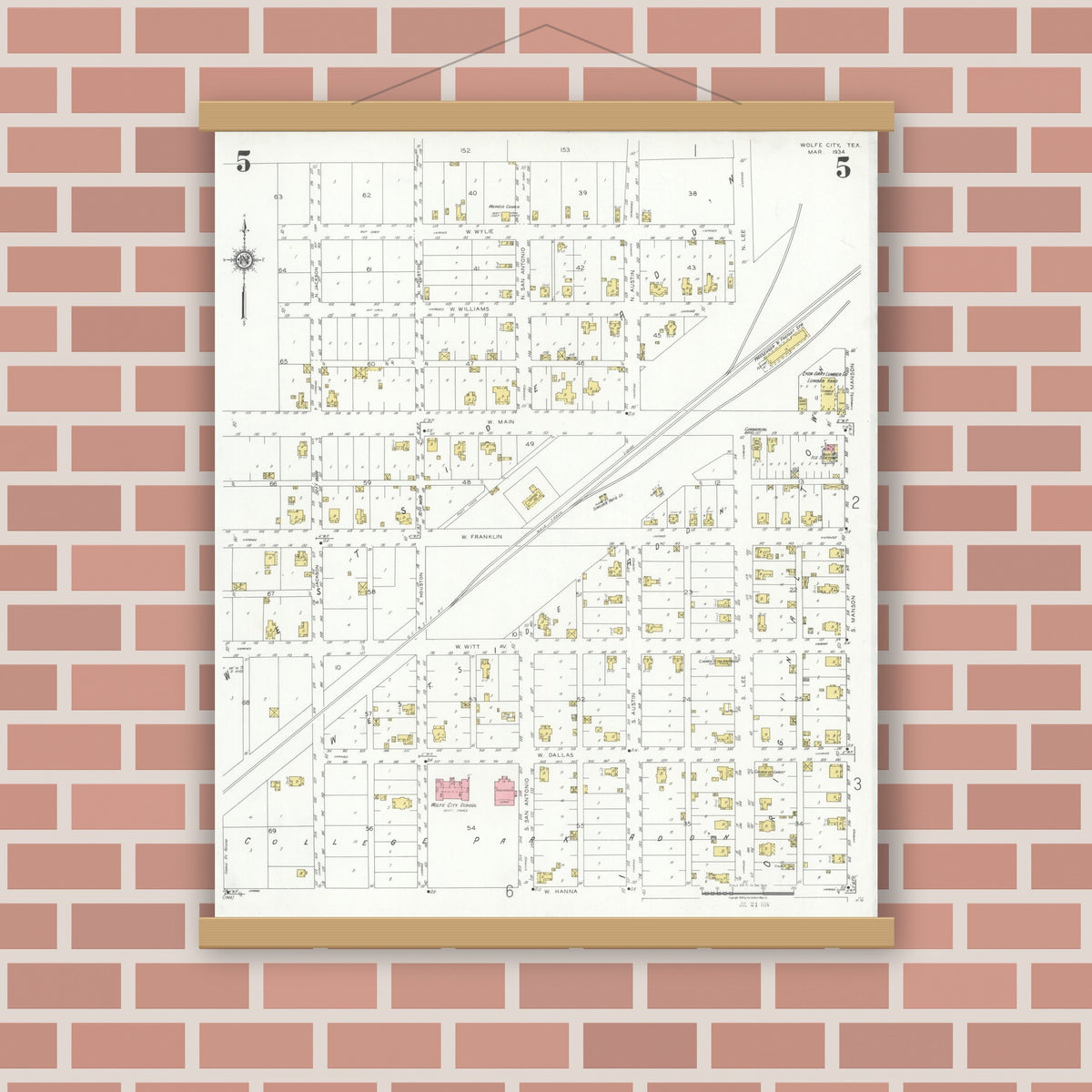 Old map wall art mockup — magnetic wood frame on brick wall — Sanborn Fire Insurance Map from Wolfe City, Hunt County, Texas (1934), Sheet #0005