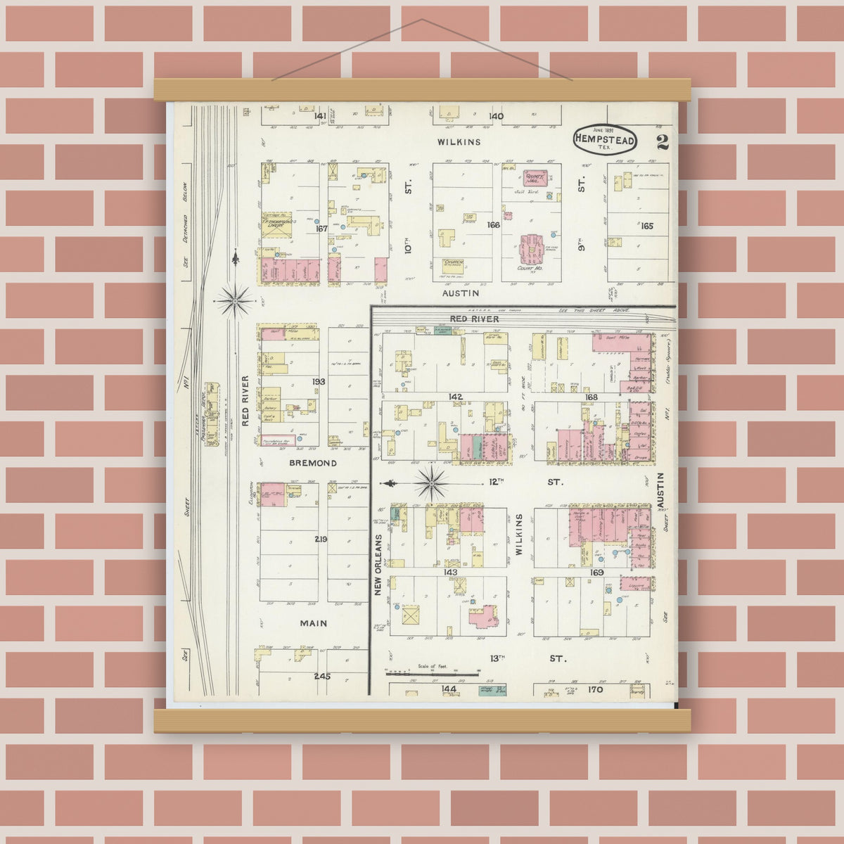Old map wall art mockup — magnetic wood frame on brick wall — Sanborn Fire Insurance Map from Hempstead, Waller County, Texas (1891), Sheet #0002