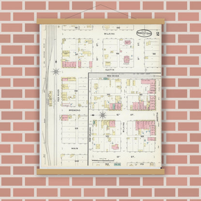 Old map wall art mockup — magnetic wood frame on brick wall — Sanborn Fire Insurance Map from Hempstead, Waller County, Texas (1891), Sheet #0002