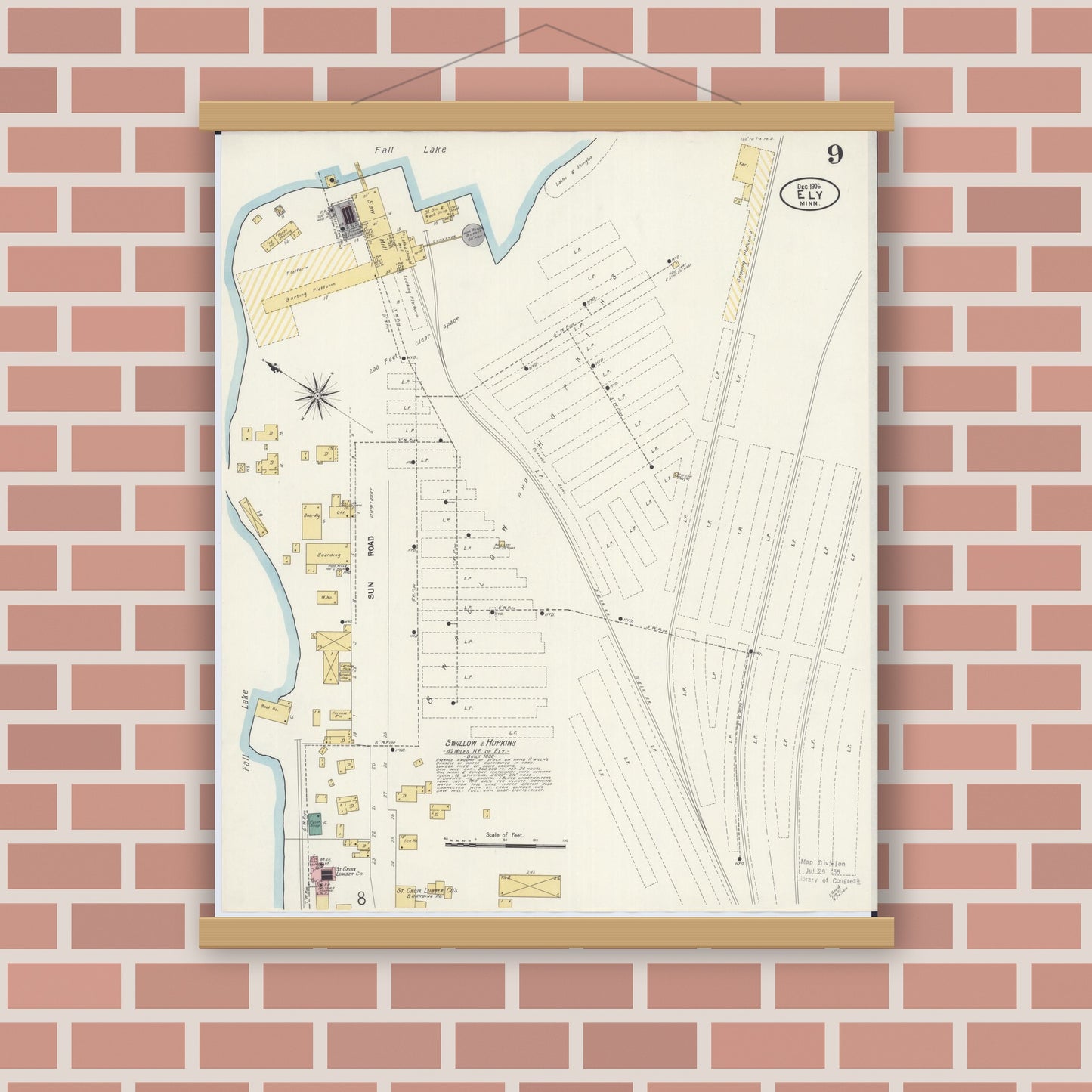 Old map wall art mockup — magnetic wood frame on brick wall — Sanborn Fire Insurance Map from Ely, Saint Louis County, Minnesota (1906), Sheet #0009