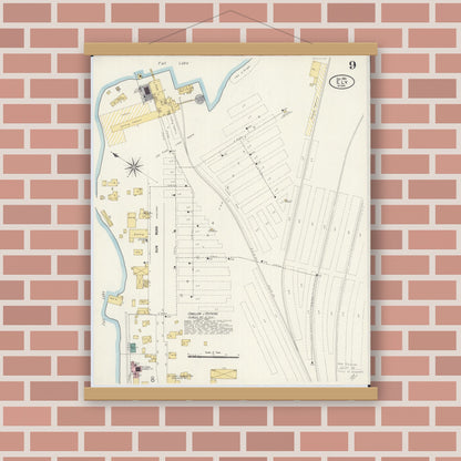 Old map wall art mockup — magnetic wood frame on brick wall — Sanborn Fire Insurance Map from Ely, Saint Louis County, Minnesota (1906), Sheet #0009