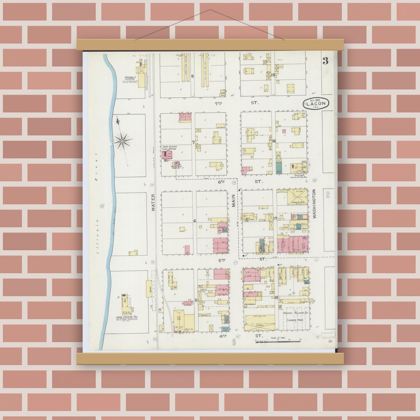 Old map wall art mockup — magnetic wood frame on brick wall — Sanborn Fire Insurance Map from Lacon, Marshall County, Illinois (1893), Sheet #0003